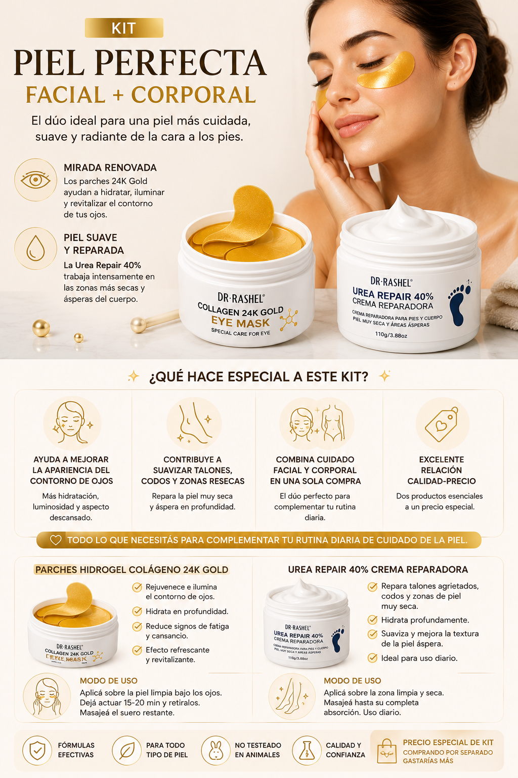 Kit Piel Perfecta Velora — Parches 24K y Crema Urea Repair 40%