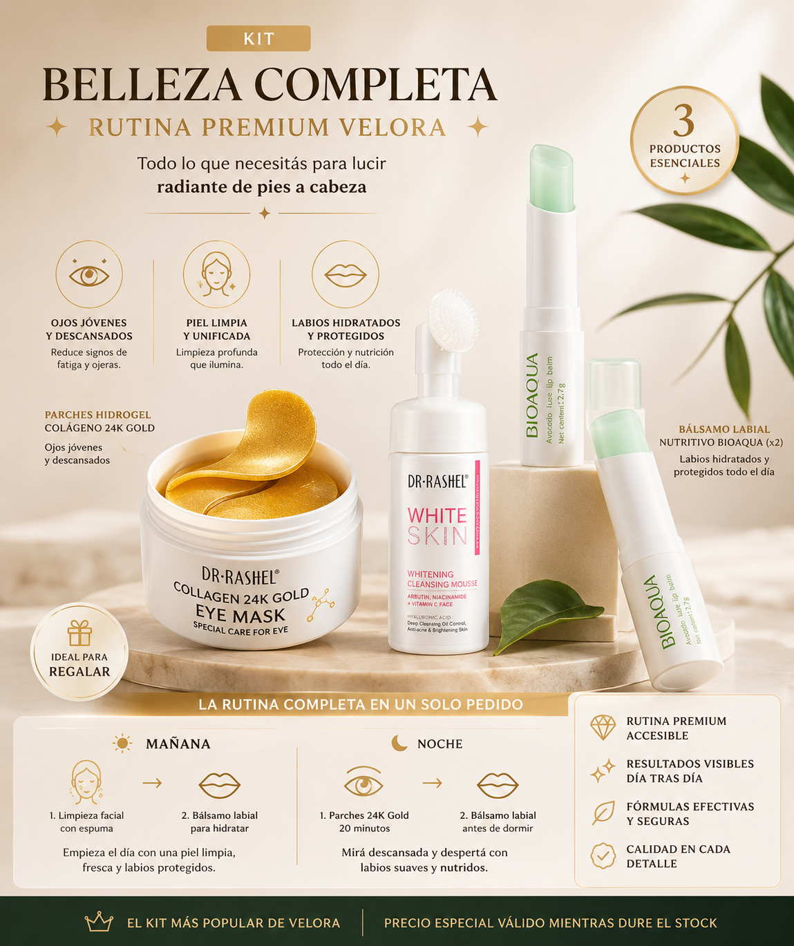 Kit Belleza Completa Velora — rutina premium 3 productos skincare Paraguay