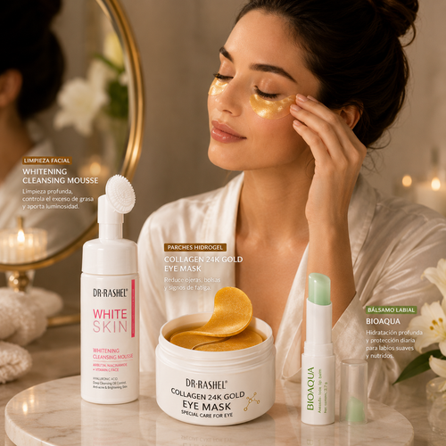 Modelo usando los Parches 24K Gold con los 3 productos del Kit Belleza Completa Velora