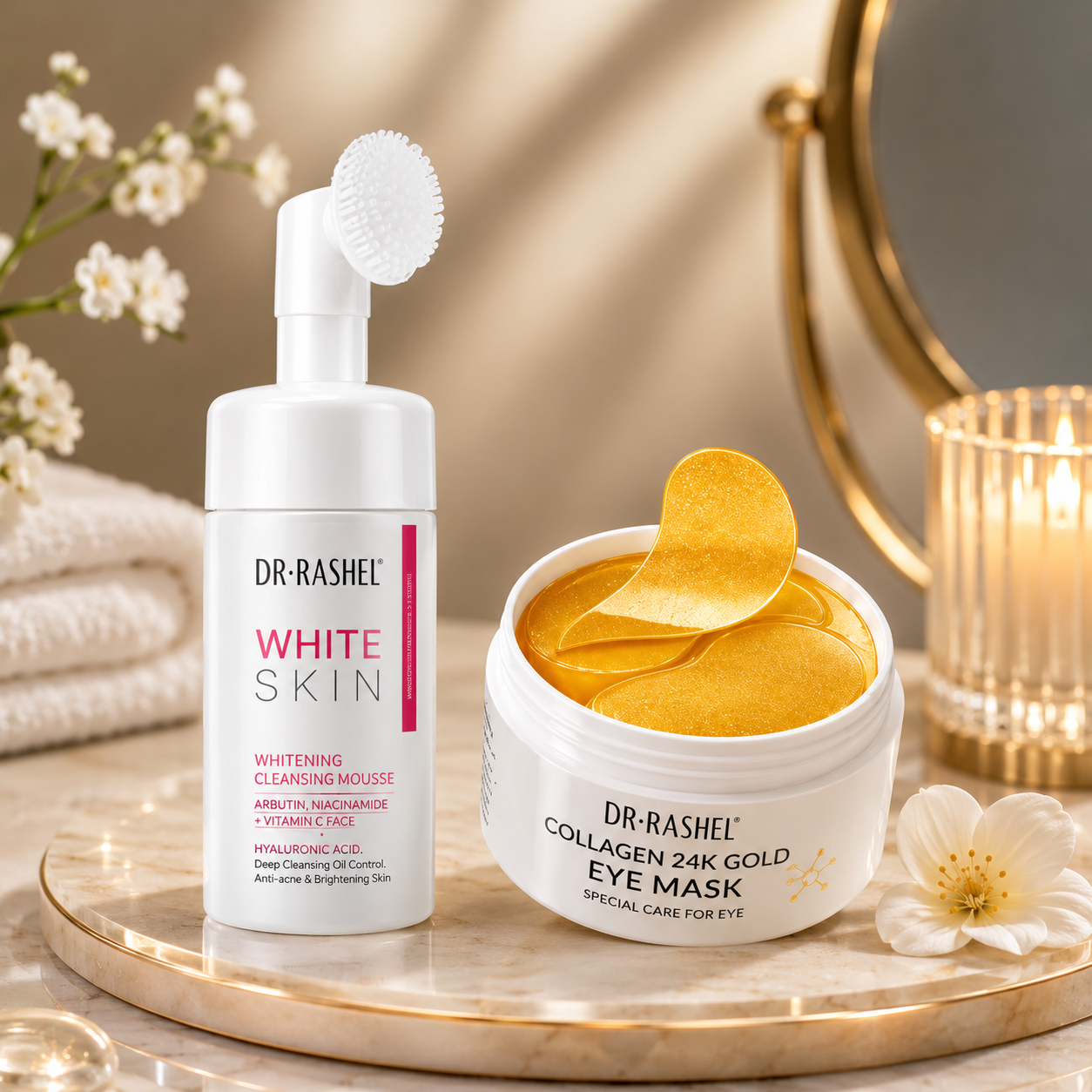 Kit Ojos de Oro Velora — Espuma de Limpieza Facial Dr. Rashel y Parches Hidrogel 24K Gold sobre fondo premium