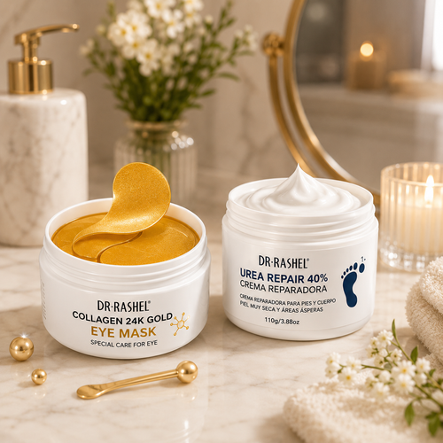 Kit Piel Perfecta Velora — Parches Hidrogel 24K Gold y Crema Urea Repair 40% sobre fondo premium