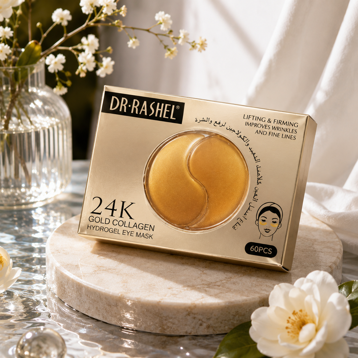 Parches Hidrogel 24K Gold Dr. Rashel — caja sobre fondo premium de mármol